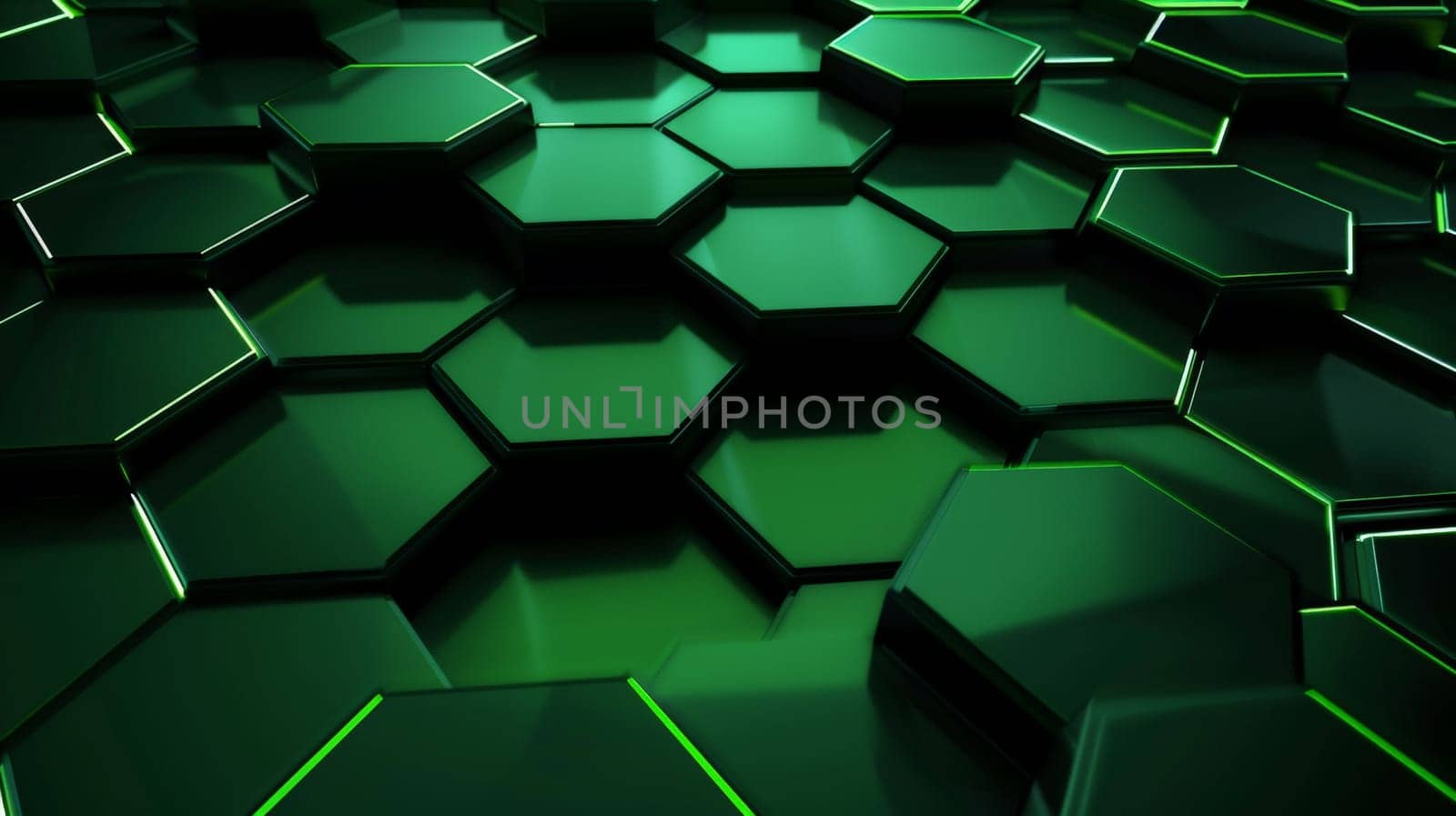 An abstract composition featuring a vibrant green hexagonal pattern against a dark backdrop, evoking a futuristic technological ambiance. The interlocking hexagons create a mesmerizing honeycomb effect, symbolizing innovation and advancement.