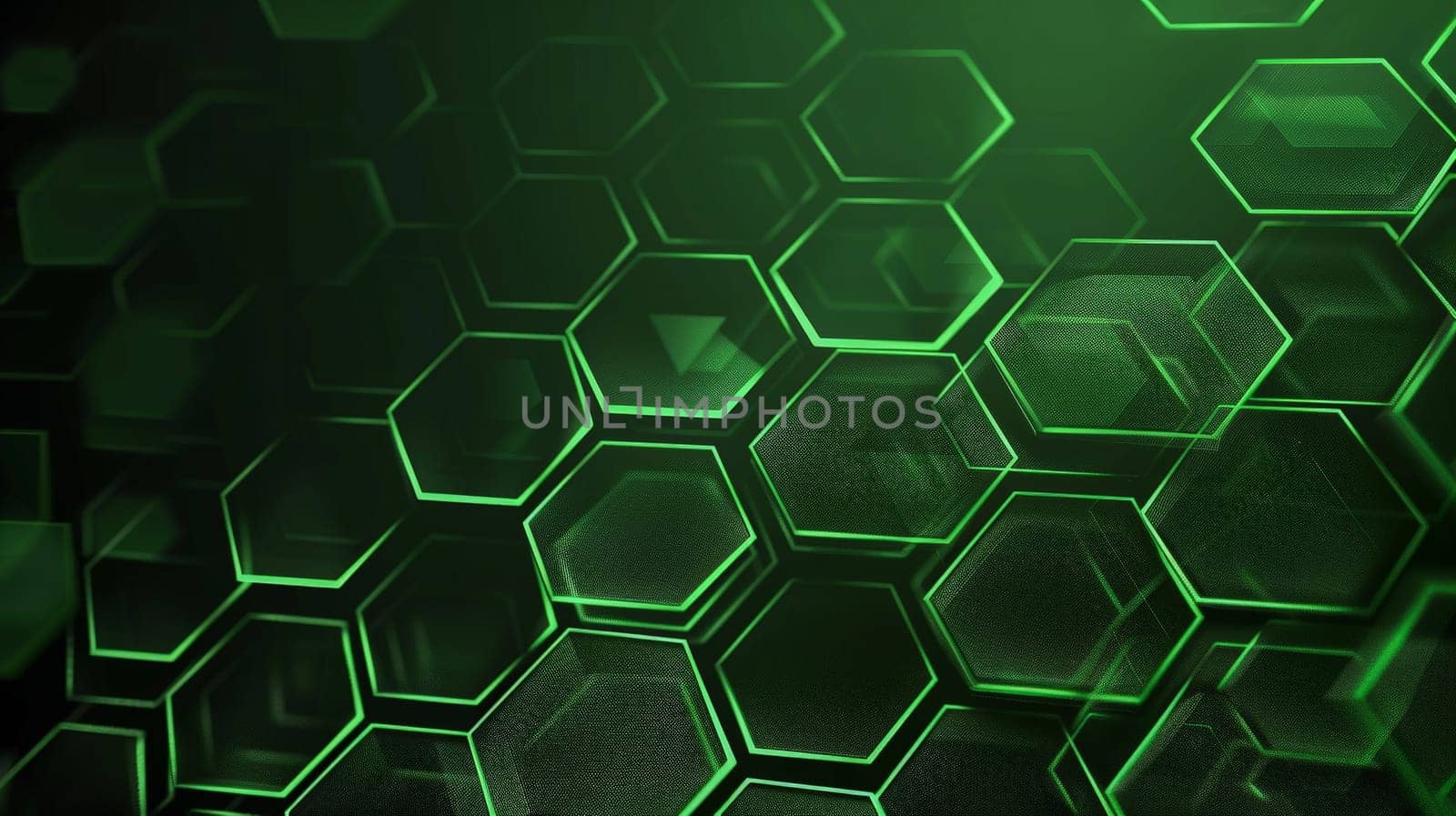An abstract composition featuring a vibrant green hexagonal pattern against a dark backdrop, evoking a futuristic technological ambiance. The interlocking hexagons create a mesmerizing honeycomb effect, symbolizing innovation and advancement.