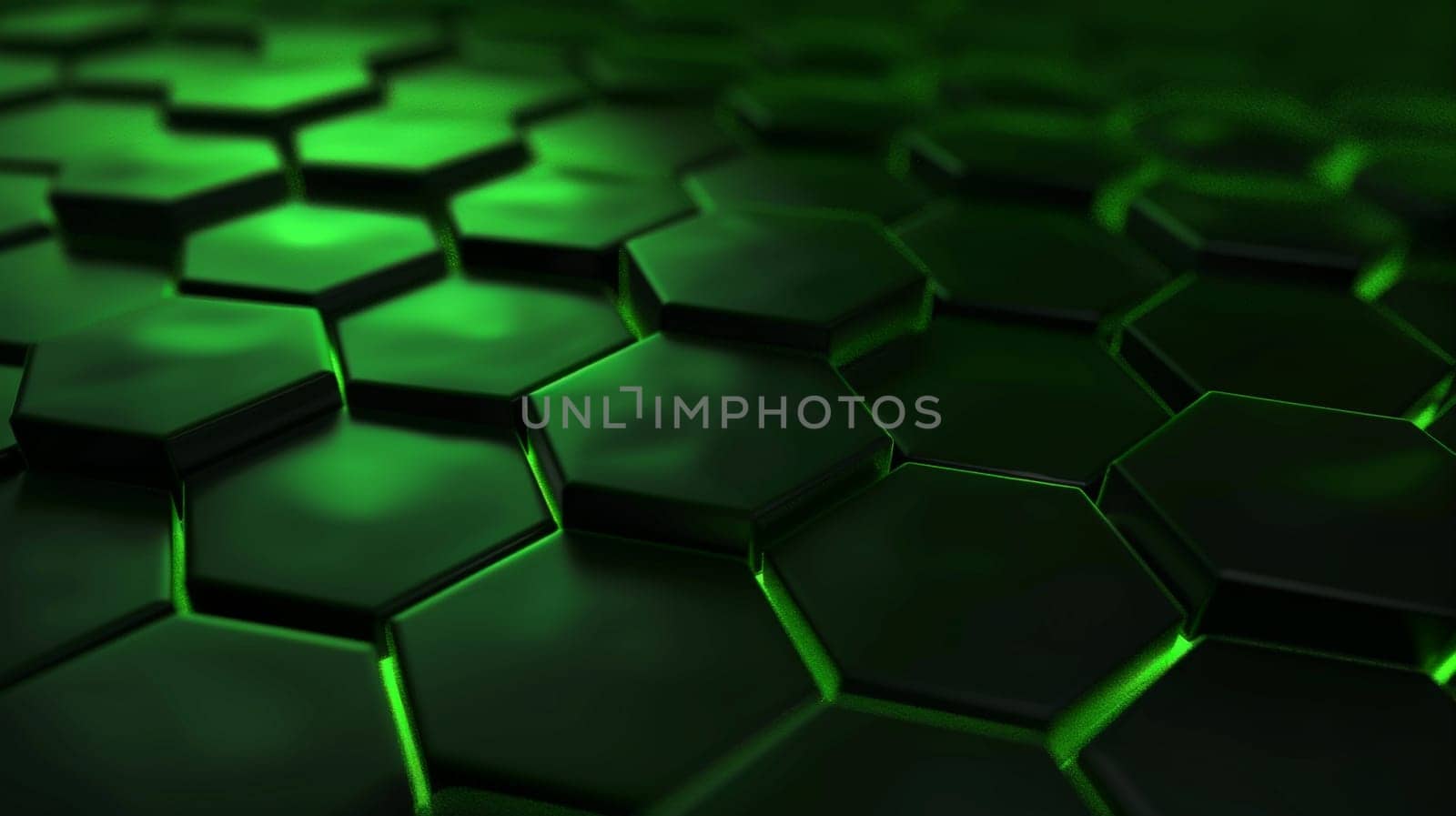An abstract composition featuring a vibrant green hexagonal pattern against a dark backdrop, evoking a futuristic technological ambiance. The interlocking hexagons create a mesmerizing honeycomb effect, symbolizing innovation and advancement.