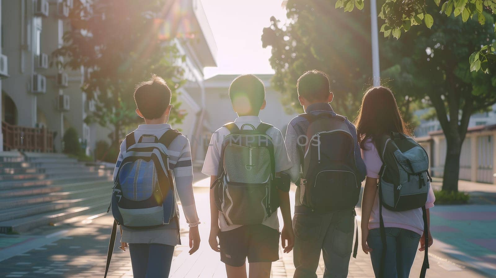 A heartwarming scene as a group of junior high school students walks together on their way to school, showcasing the bonds of childhood friendship. Viewed from behind, their camaraderie and shared experiences symbolize the joy of learning and growing together.