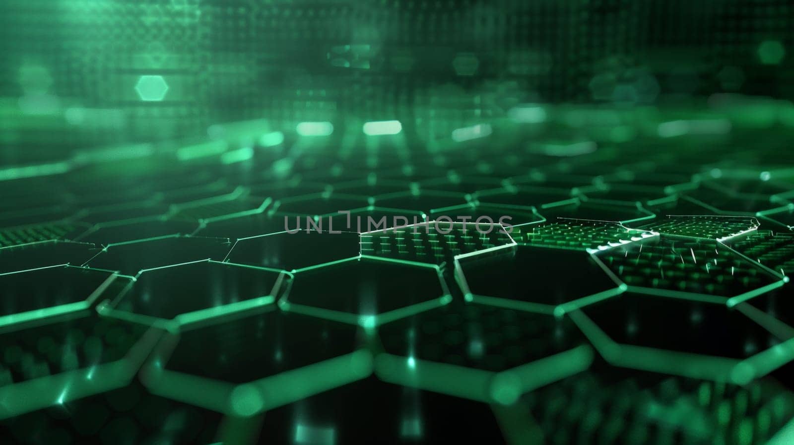 An abstract composition featuring a vibrant green hexagonal pattern against a dark backdrop, evoking a futuristic technological ambiance. The interlocking hexagons create a mesmerizing honeycomb effect, symbolizing innovation and advancement.