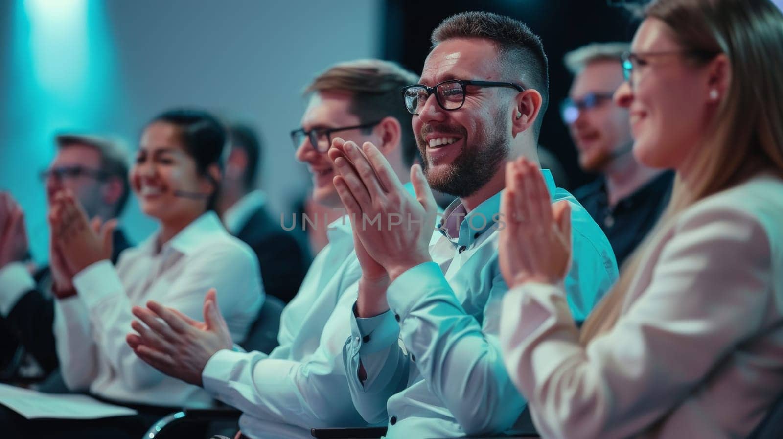In this vibrant scene, happy colleagues sit together in a convention hall, applauding with enthusiasm during a seminar. Their faces radiate success and happiness as they celebrate achievements and milestones.