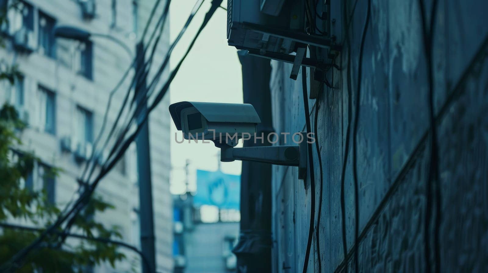 This image showcases professional surveillance cameras mounted on a modern building, enhancing the security system of the urban landscape. The CCTV cameras, positioned strategically, provide robust video equipment for monitoring and ensuring safety in the area.