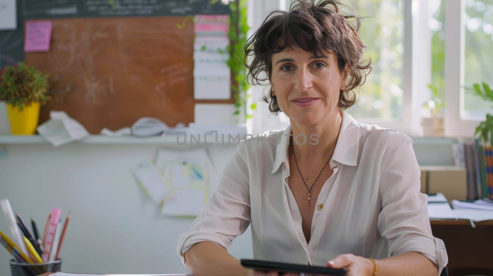 Capturing the essence of modern education, a dedicated middle-aged female teacher sits at her desk in the school office, equipped with a tablet, ready to engage with innovative teaching methods.