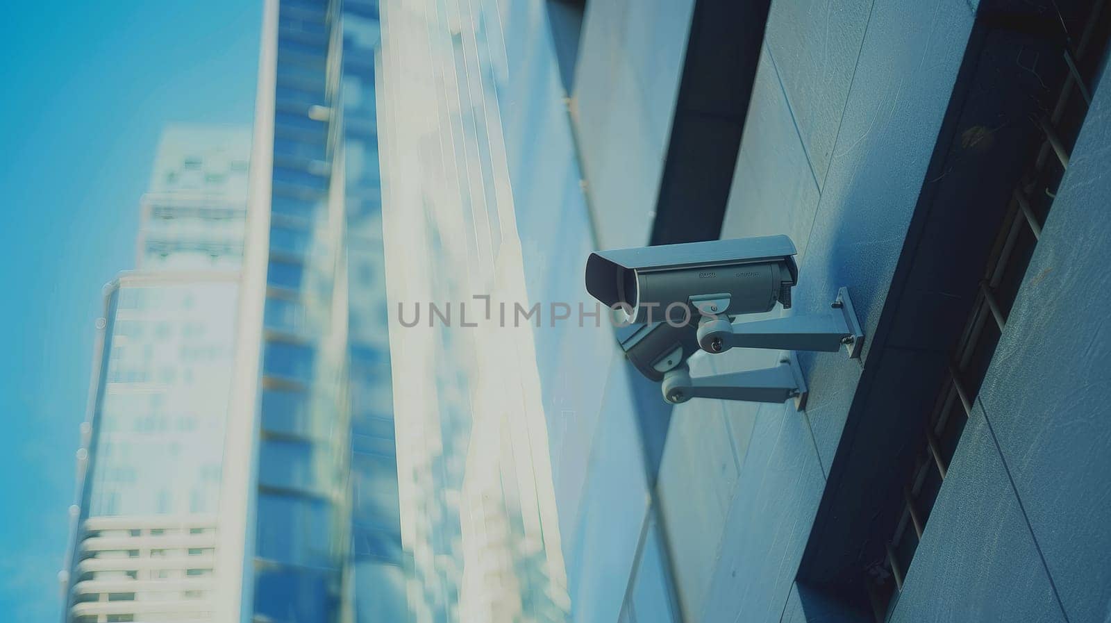 This image showcases professional surveillance cameras mounted on a modern building, enhancing the security system of the urban landscape. The CCTV cameras, positioned strategically, provide robust video equipment for monitoring and ensuring safety in the area.