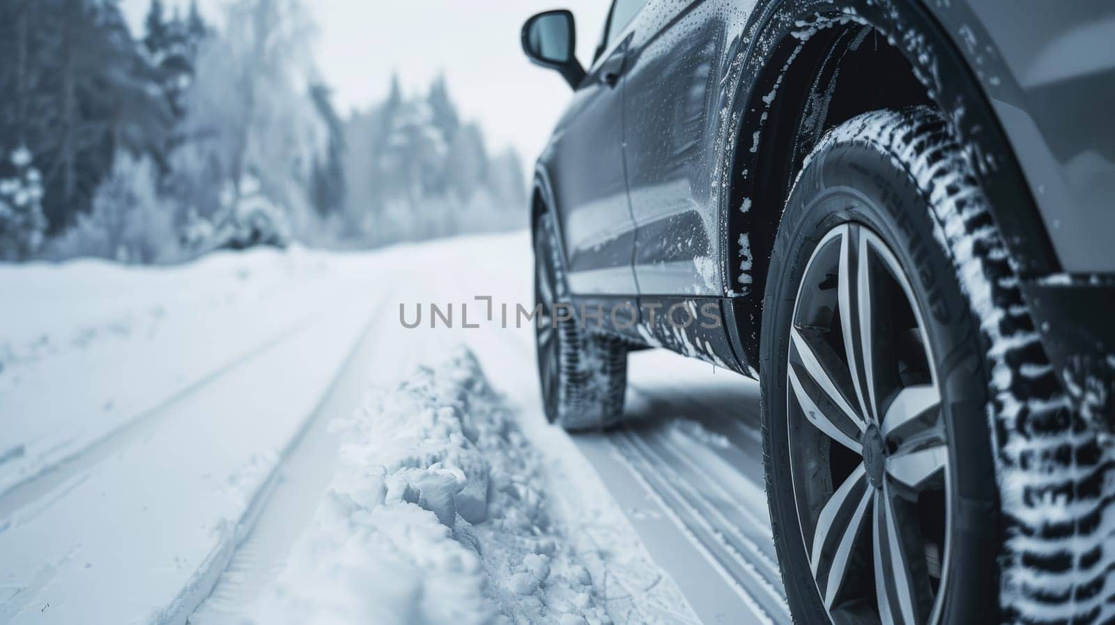 A side view of a gray car equipped with winter tires navigating a snowy road, ensuring safe and reliable travel in wintry conditions.