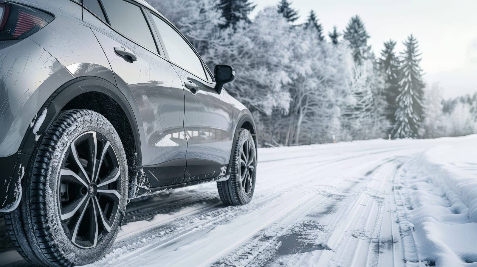 A side view of a gray car equipped with winter tires navigating a snowy road, ensuring safe and reliable travel in wintry conditions.