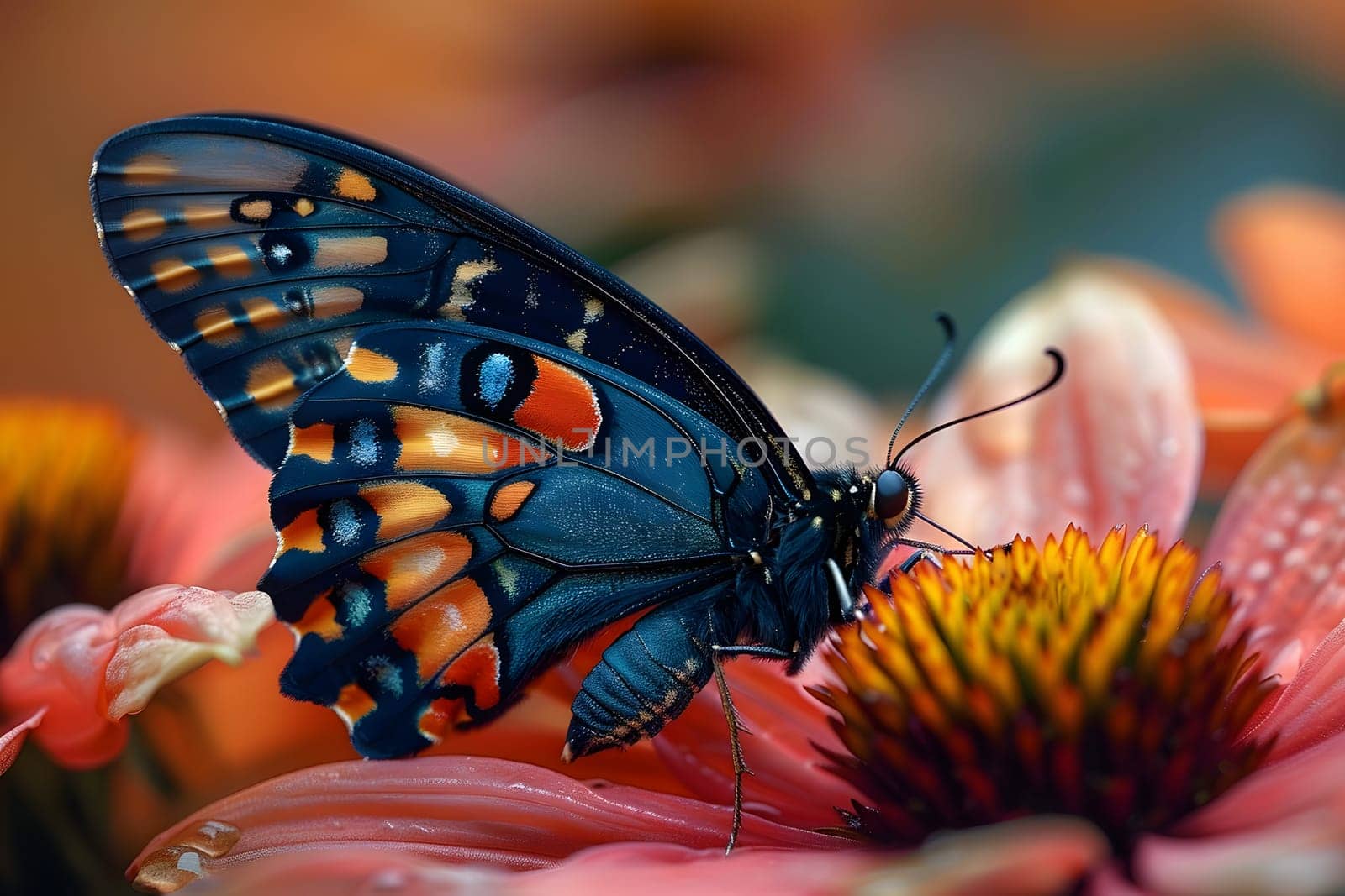 Beautiful butterfly on flower petals in colorful and highly detailed illustration. It can be used in lessons about insects, flowers, nature in books or use as wallpaper mobile phone screen, computer.