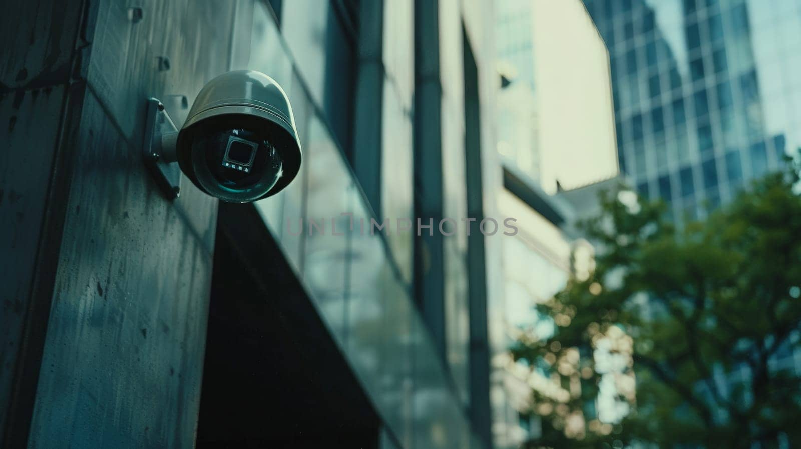 This image showcases professional surveillance cameras mounted on a modern building, enhancing the security system of the urban landscape. The CCTV cameras, positioned strategically, provide robust video equipment for monitoring and ensuring safety in the area.
