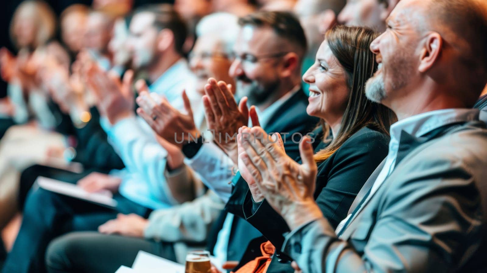 In this vibrant scene, happy colleagues sit together in a convention hall, applauding with enthusiasm during a seminar. Their faces radiate success and happiness as they celebrate achievements and milestones.