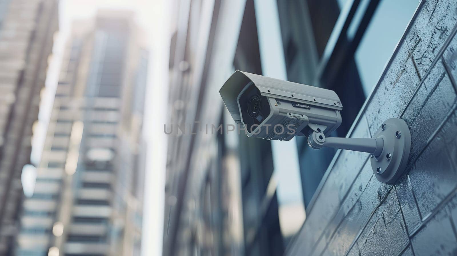 This image showcases professional surveillance cameras mounted on a modern building, enhancing the security system of the urban landscape. The CCTV cameras, positioned strategically, provide robust video equipment for monitoring and ensuring safety in the area.
