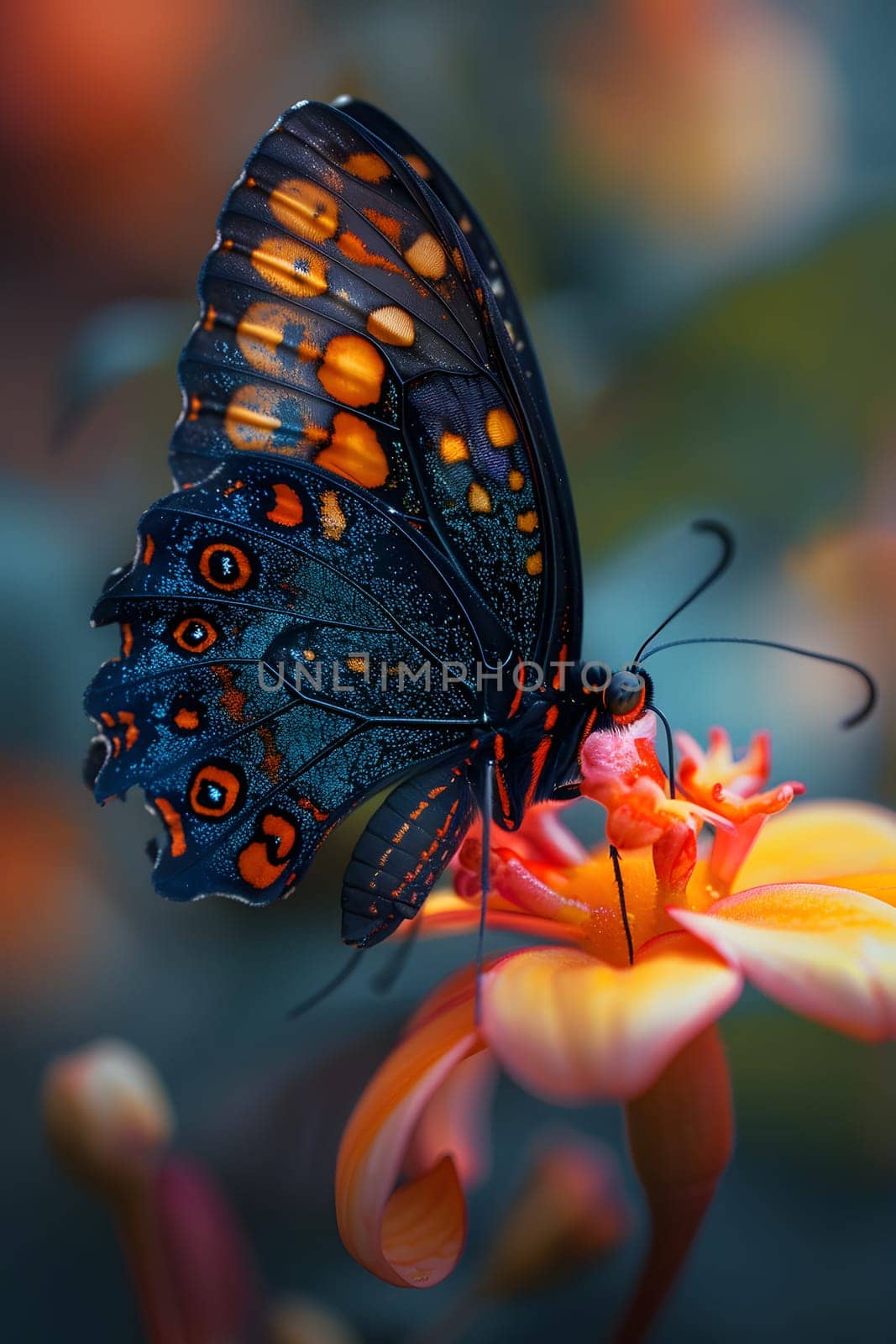Beautiful butterfly on flower petals in colorful and highly detailed illustration. It can be used in lessons about insects, flowers, nature in books or use as wallpaper mobile phone screen, computer.