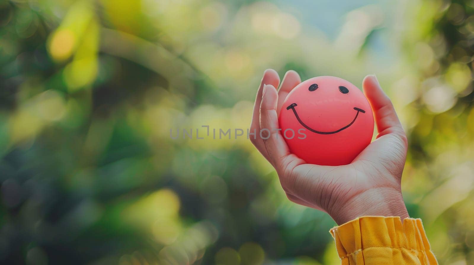 In this photo, a woman's hand tenderly holds a happy smile sphere, symbolizing the importance of positive thinking and mental health assessment. It embodies the essence of World Mental Health Day, advocating for well-being and happiness.