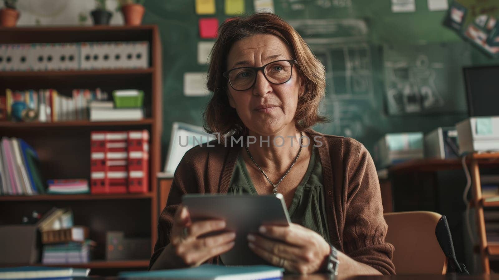 Capturing the essence of modern education, a dedicated middle-aged female teacher sits at her desk in the school office, equipped with a tablet, ready to engage with innovative teaching methods.