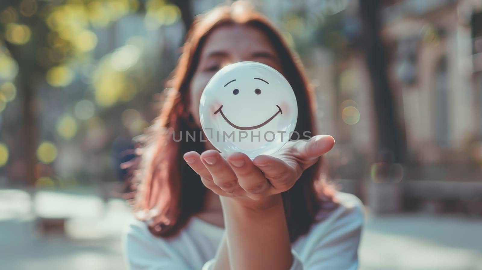 In this photo, a woman's hand tenderly holds a happy smile sphere, symbolizing the importance of positive thinking and mental health assessment. It embodies the essence of World Mental Health Day, advocating for well-being and happiness.