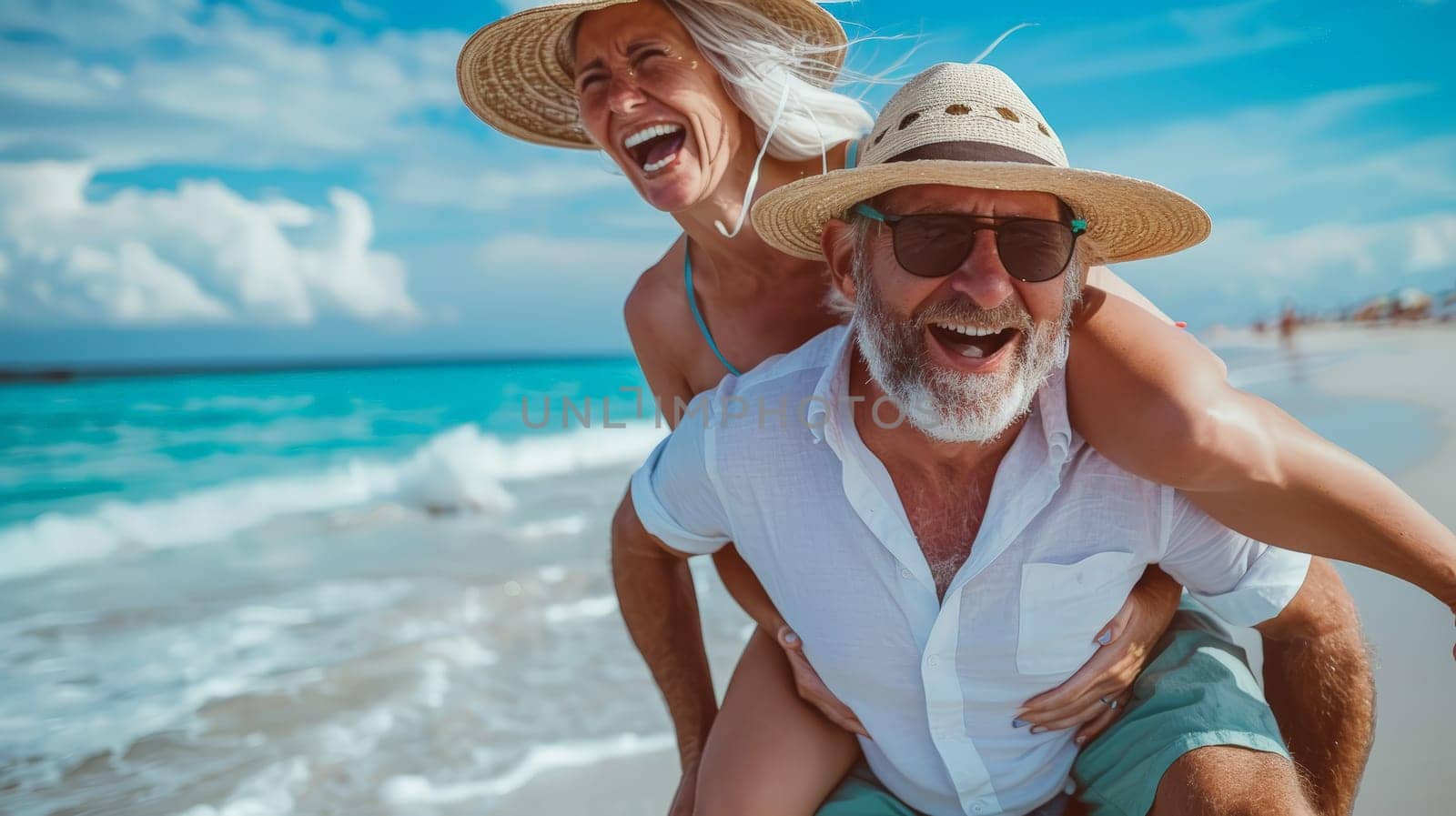 Experience the boundless happiness of a mature senior couple enjoying a carefree moment on the beach, as they share laughter and love while piggybacking under the radiant sun.