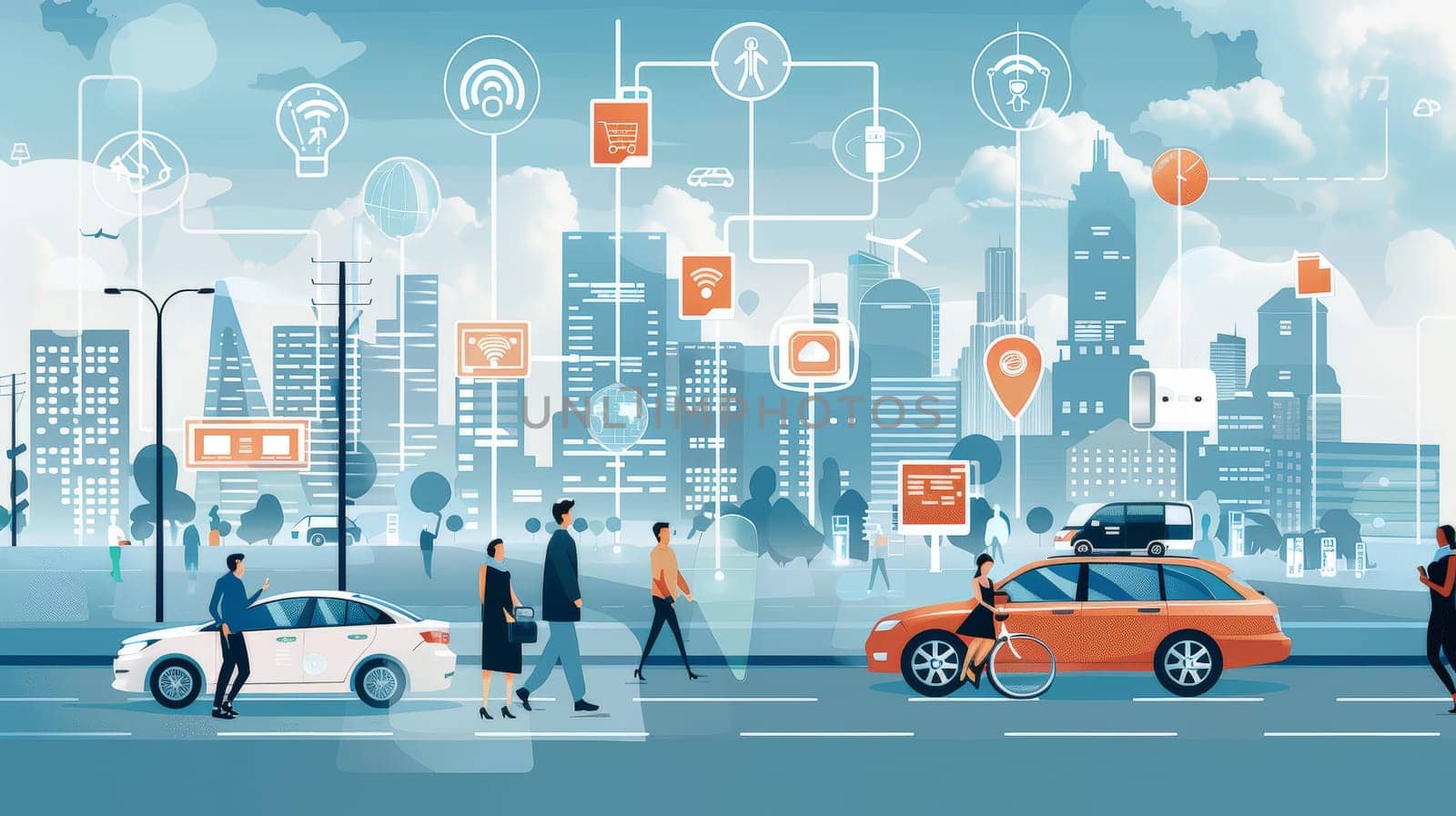 This illustration depicts the seamless integration of vehicles, buildings, and individuals within the framework of smart cities. Through interconnected systems and advanced technology, the urban landscape transforms into a dynamic ecosystem of efficiency and sustainability.