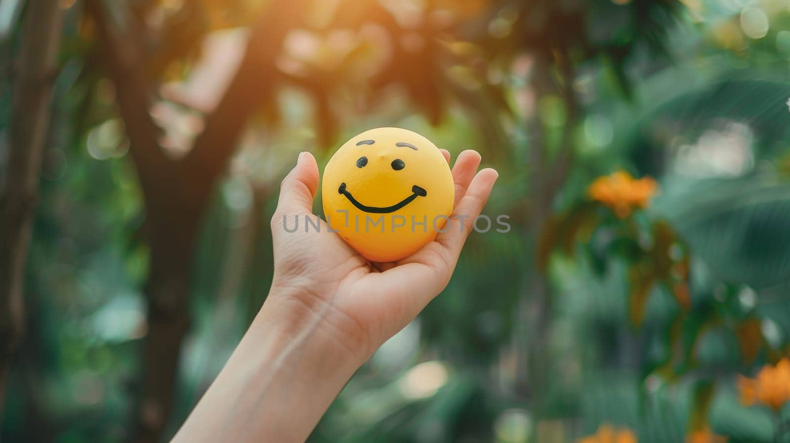 In this photo, a woman's hand tenderly holds a happy smile sphere, symbolizing the importance of positive thinking and mental health assessment. It embodies the essence of World Mental Health Day, advocating for well-being and happiness.