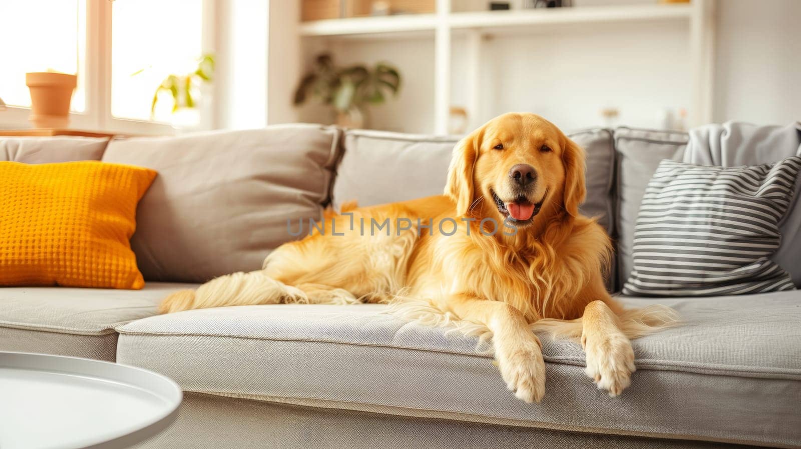 A contented golden retriever dog lounges comfortably on a plush sofa in a contemporary living room, embodying relaxation and warmth