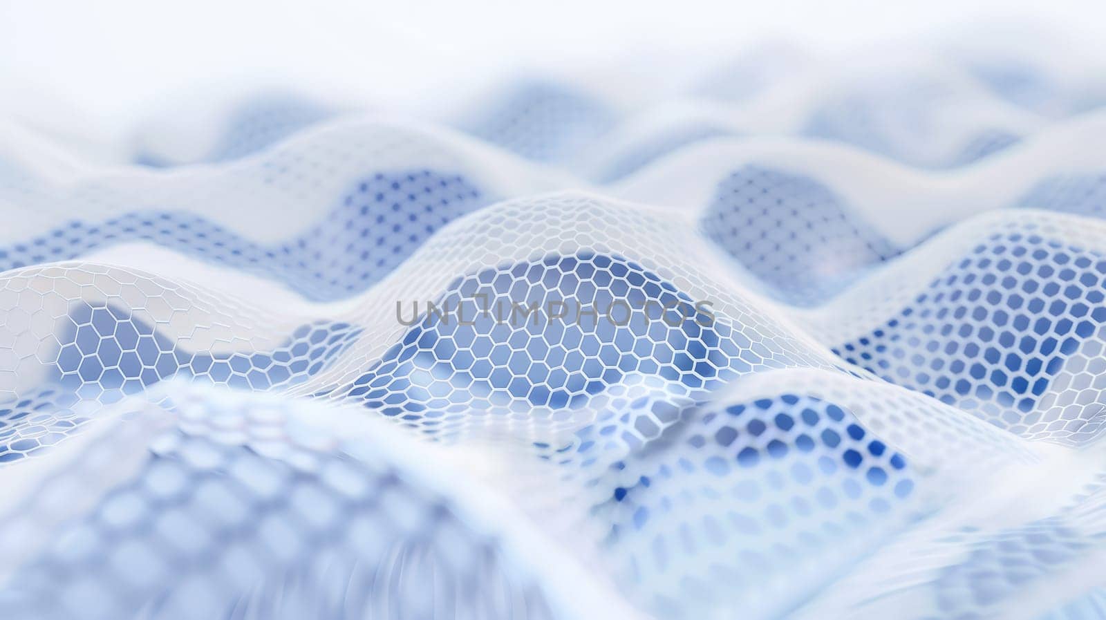 Dive into the ethereal world of graphene with our captivating abstract image, showcasing a delicate mesh pattern in striking shades of white and blue, evoking a sense of depth and complexity.