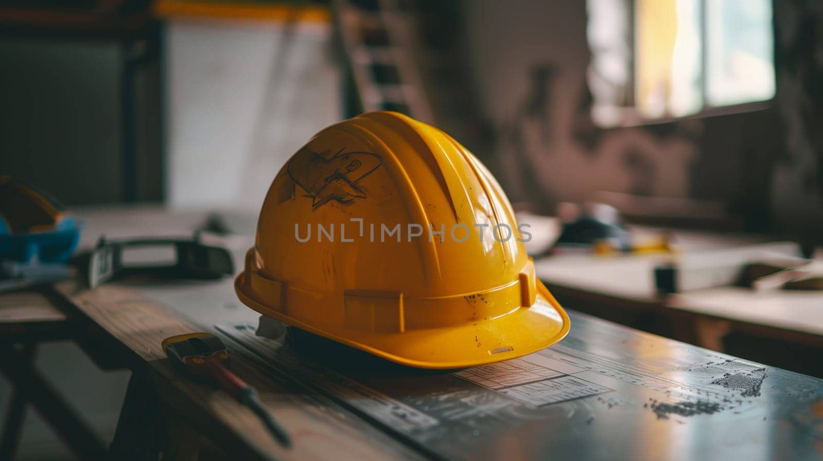 A vibrant yellow construction helmet rests on a sturdy table, symbolizing the paramount importance of safety in the construction industry. This essential protective gear ensures the well-being of workers on-site.