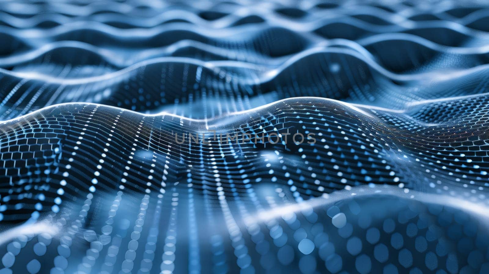 Dive into the ethereal world of graphene with our captivating abstract image, showcasing a delicate mesh pattern in striking shades of white and blue, evoking a sense of depth and complexity.