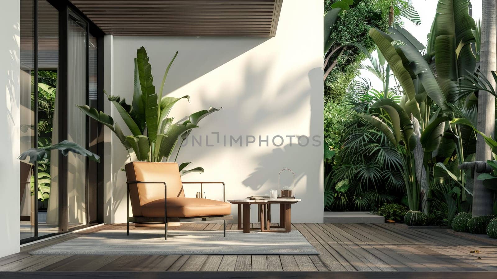 Step into the refined ambiance of a minimalist living room adorned with mid-century accents, featuring a luxurious leather armchair complemented by a sleek table against a backdrop of pristine white walls and warm wooden flooring. A fusion of sophistication and simplicity awaits in this exquisite interior design.