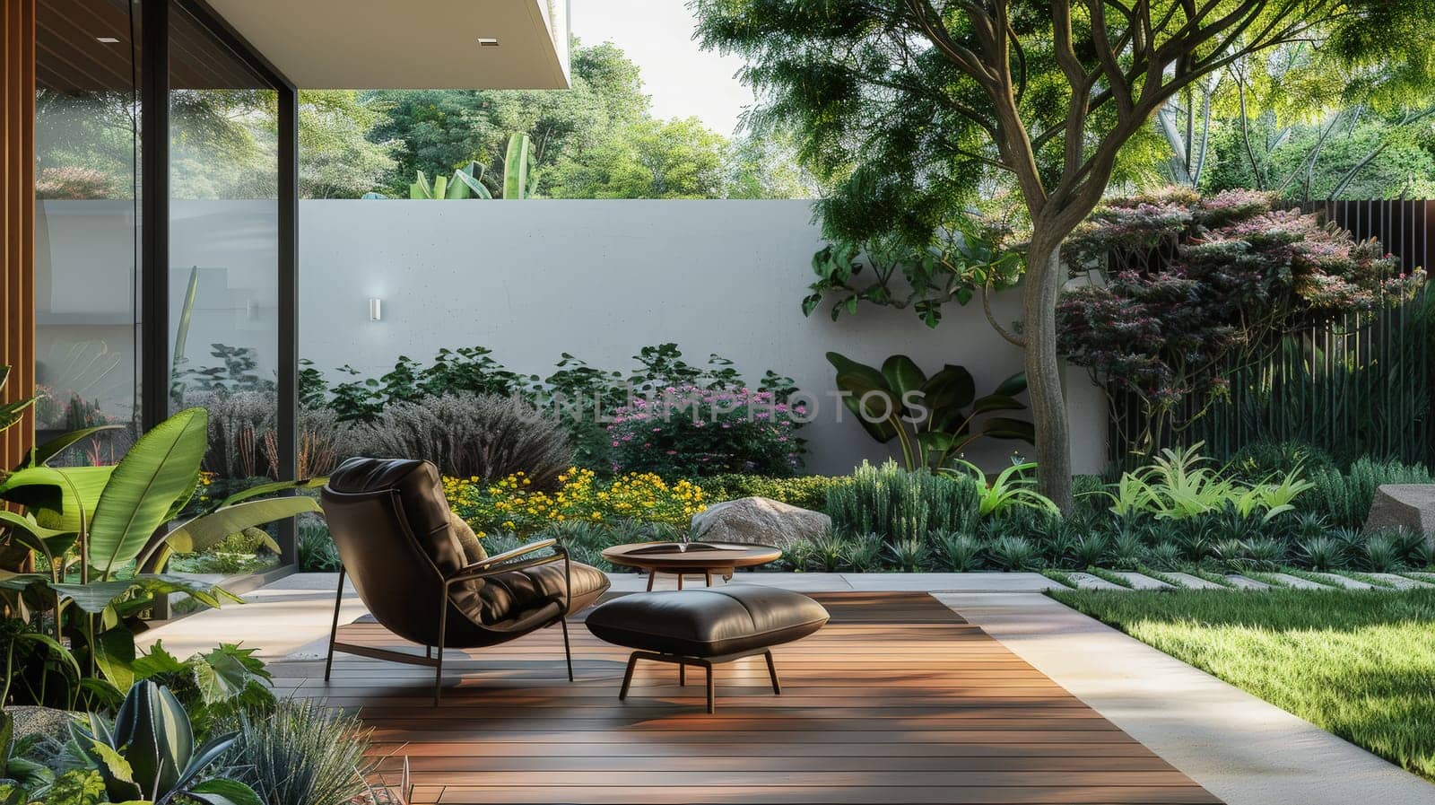 Step into the refined ambiance of a minimalist living room adorned with mid-century accents, featuring a luxurious leather armchair complemented by a sleek table against a backdrop of pristine white walls and warm wooden flooring. A fusion of sophistication and simplicity awaits in this exquisite interior design.