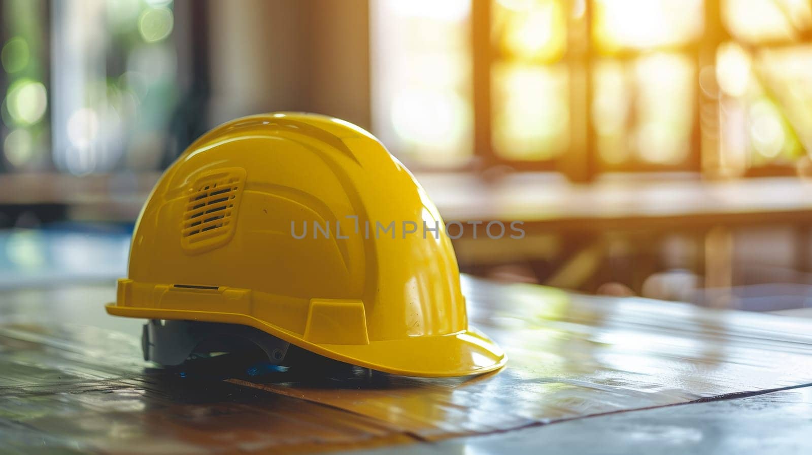 A vibrant yellow construction helmet rests on a sturdy table, symbolizing the paramount importance of safety in the construction industry. This essential protective gear ensures the well-being of workers on-site.