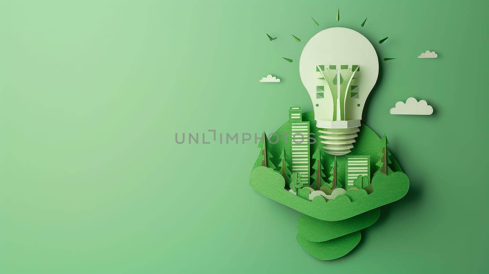 Explore a creative concept of sustainable urban development with a light bulb paper symbolizing eco-friendly ideas for energy conservation and a green city vision in the year 2050.