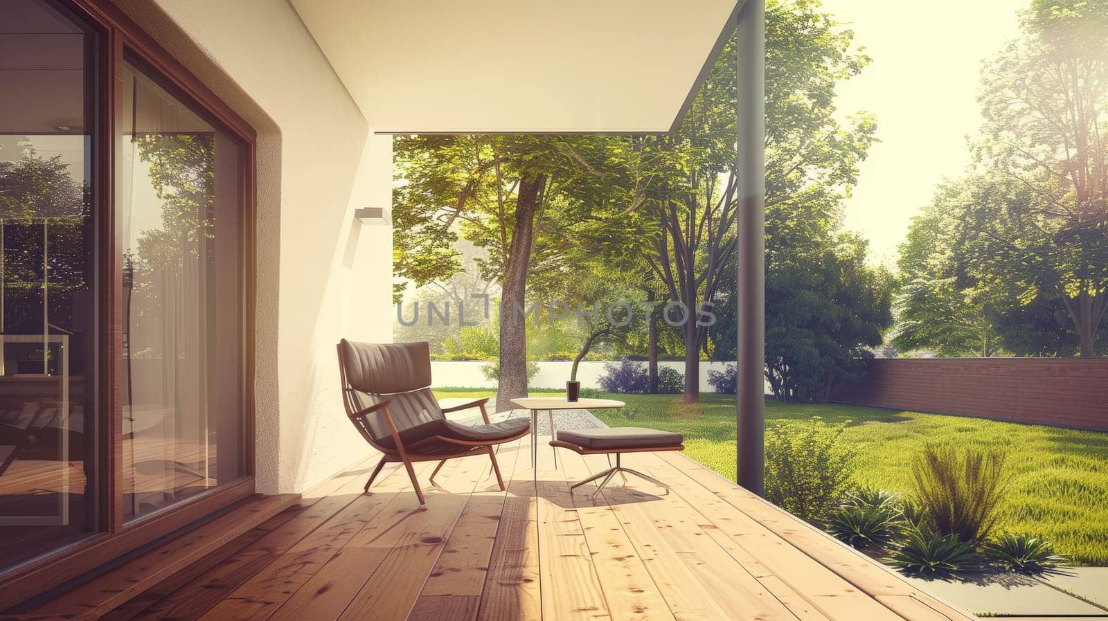 Step into the refined ambiance of a minimalist living room adorned with mid-century accents, featuring a luxurious leather armchair complemented by a sleek table against a backdrop of pristine white walls and warm wooden flooring. A fusion of sophistication and simplicity awaits in this exquisite interior design.