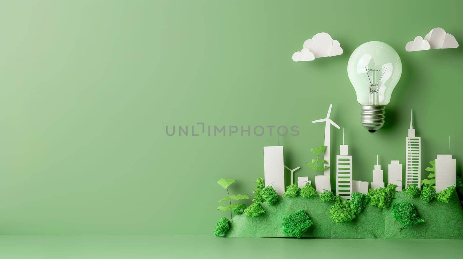 Explore a creative concept of sustainable urban development with a light bulb paper symbolizing eco-friendly ideas for energy conservation and a green city vision in the year 2050.