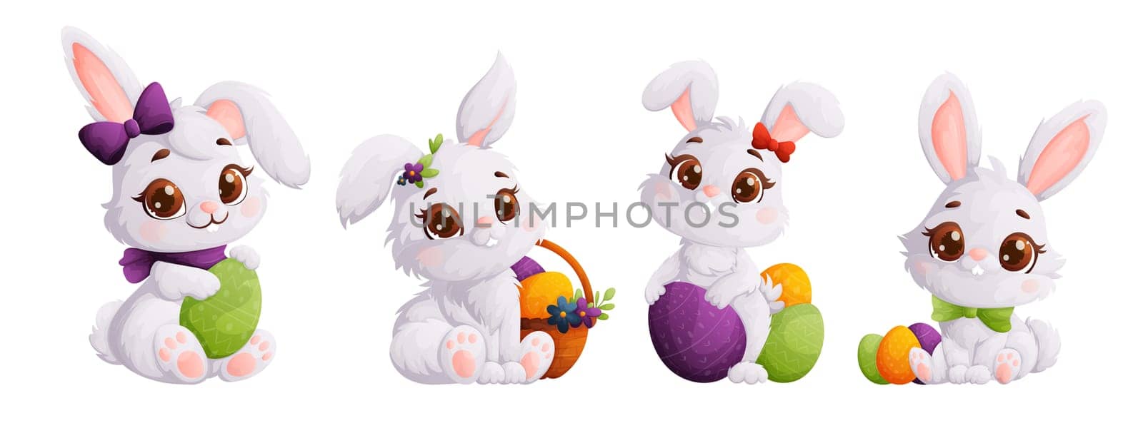 Set of white cute Easter bunnies. Fluffy bunny with festive eggs, a symbol of the Easter holiday. Cartoon style, vector