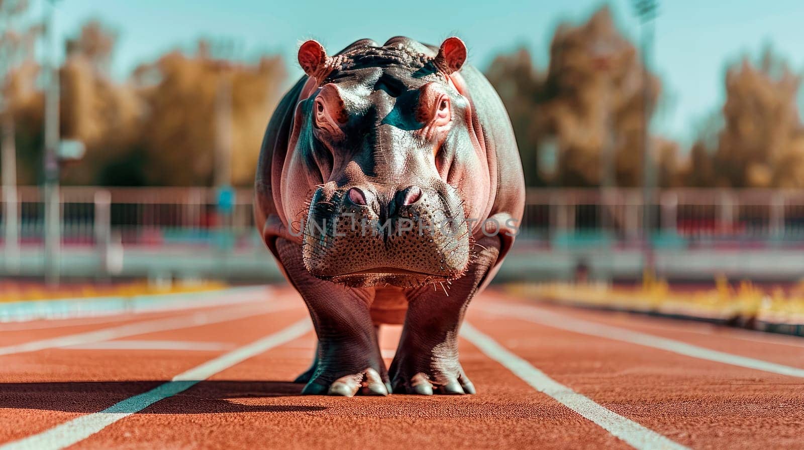 A hippopotamus standing in the stadium, healthy lifestyle concept. AI generated