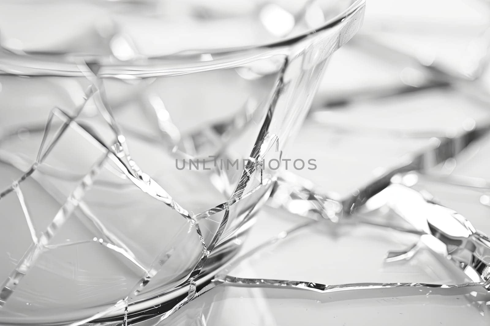 A broken glass bowl is resting on top of a table. The shattered pieces of the bowl are scattered around it, creating a dangerous situation.