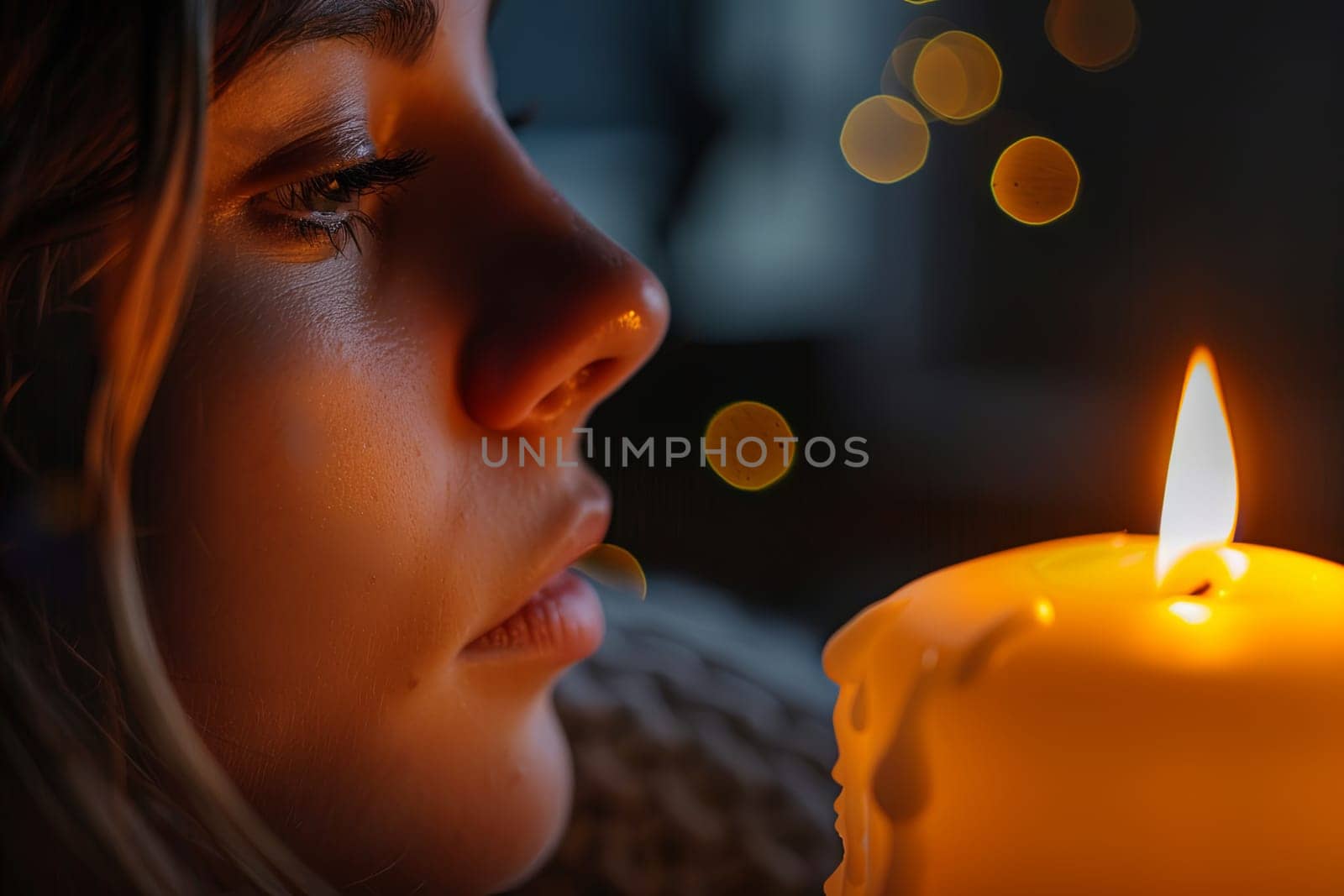 A woman stands holding a lit candle in her hand, the warm glow illuminating her face. The flame flickers gently as she holds it steady, casting a soft light in the dim room.