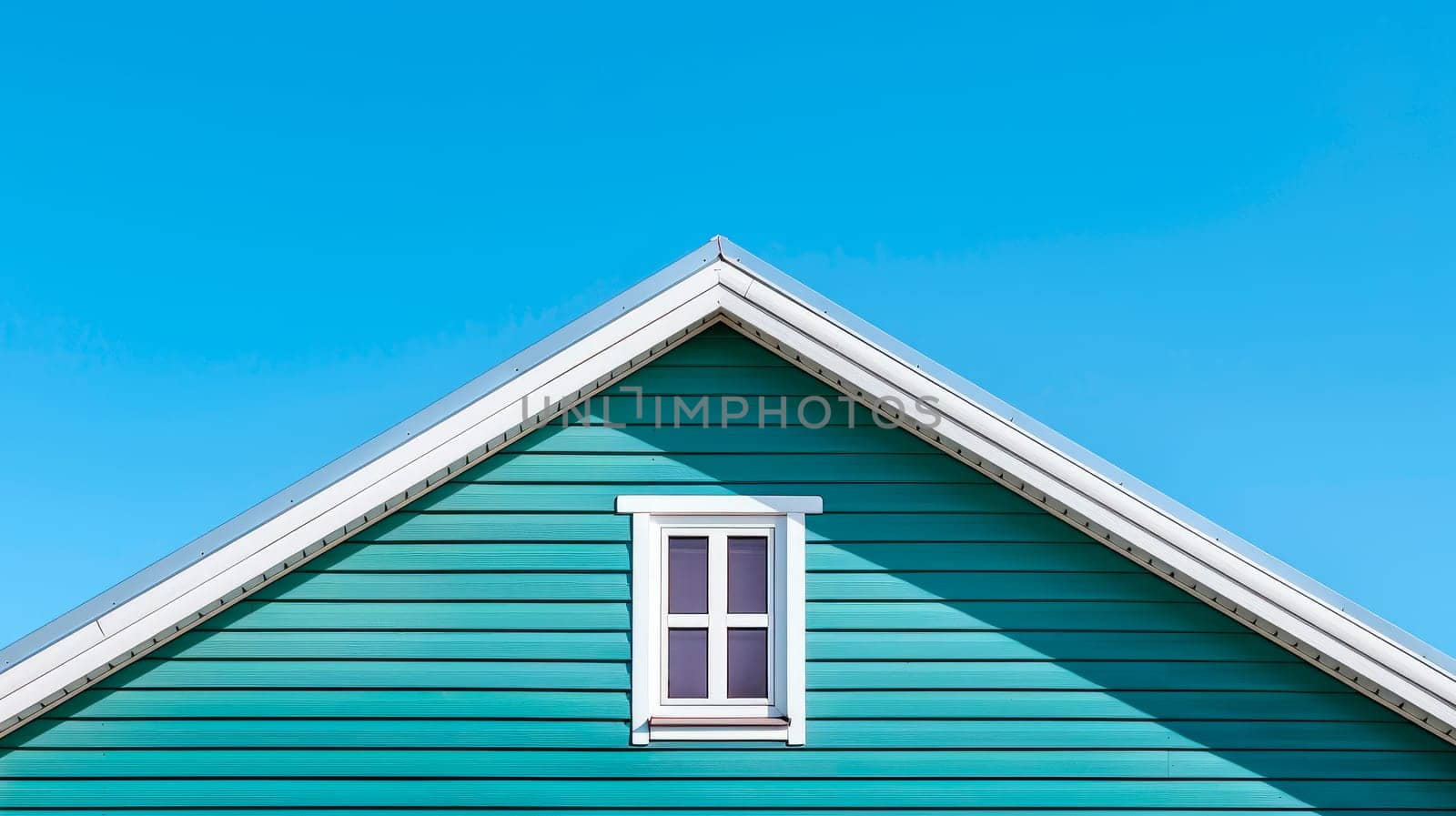 Top of House. Triangle House Top with a window under the blue sky background. Blue vinyl wooden siding panel on the house. AI generated