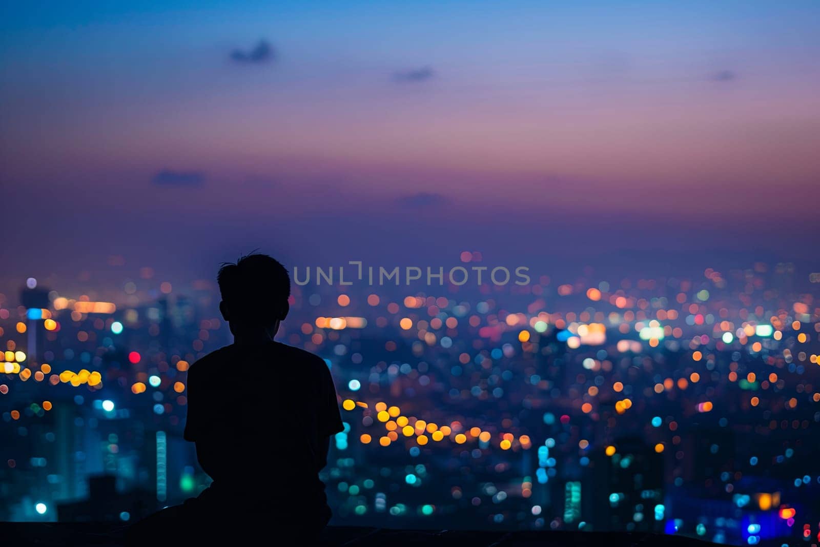 A person stands in front of a bustling cityscape at night, illuminated by the glow of city lights. The individual gazes out at the urban skyline, taking in the vastness of the city below.