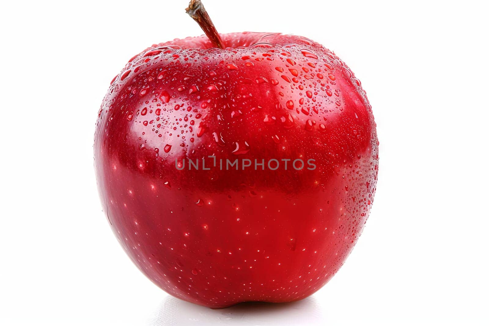 A ripe red apple covered in glistening water droplets, showcasing freshness and hydration. The droplets appear like tiny jewels on the apples smooth surface, adding a refreshing touch to its appearance.