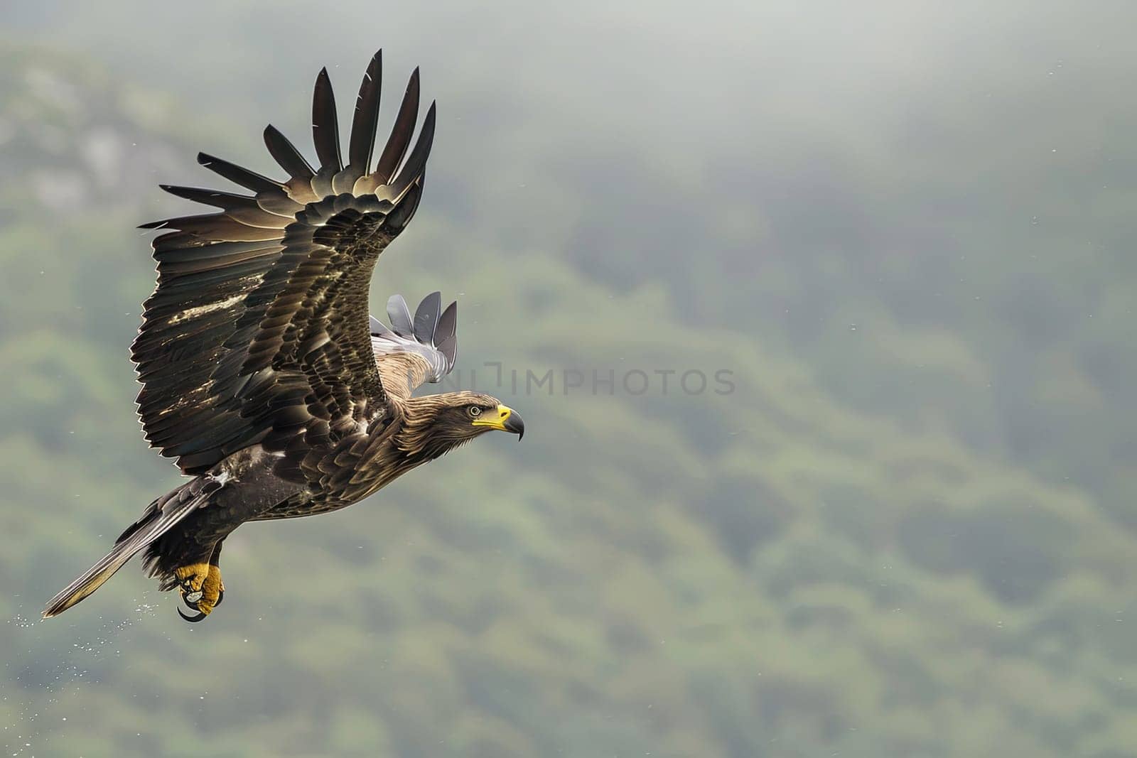 A large bird of prey gracefully glides through the air, its wings outstretched as it searches for prey in the vast expanse.
