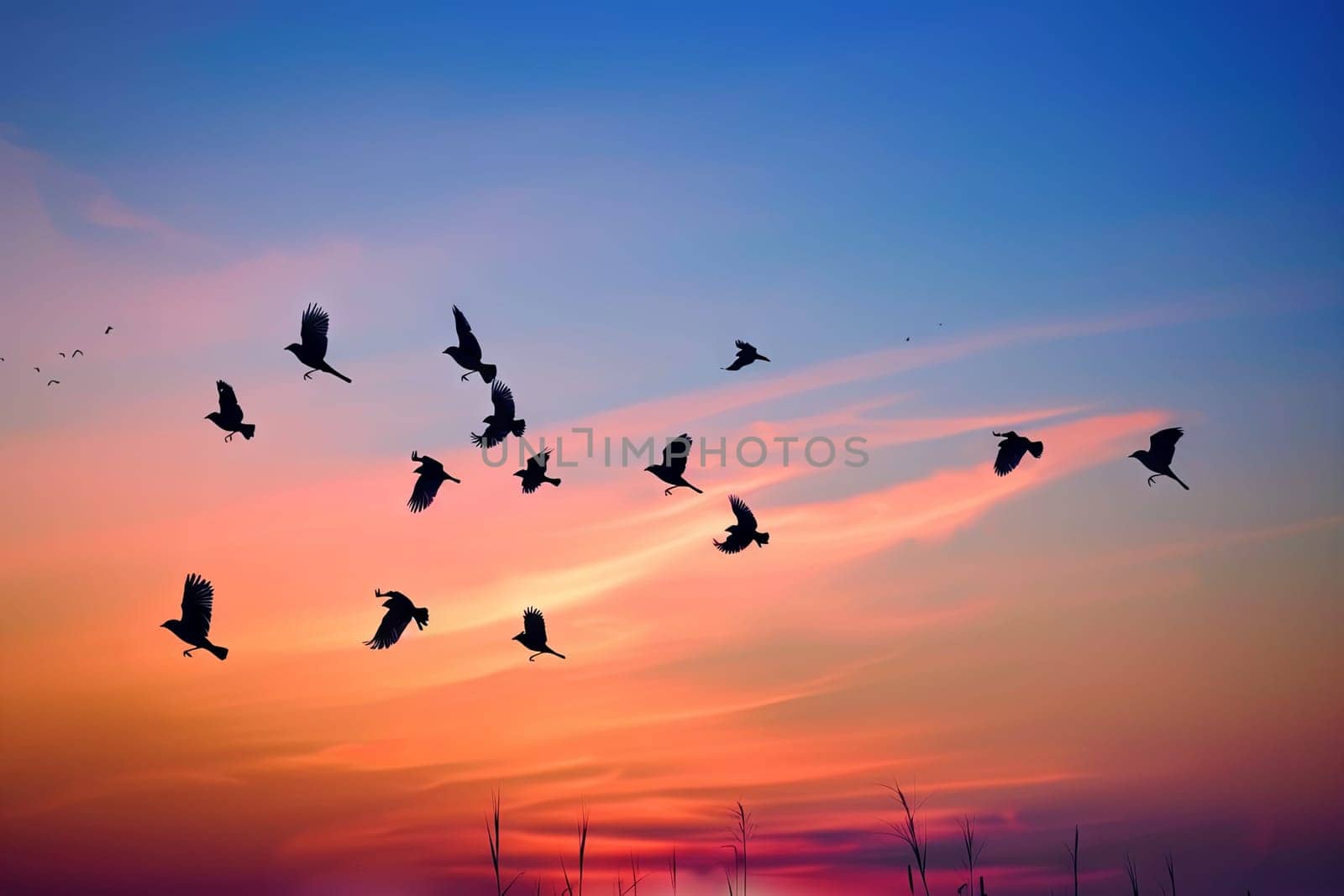 A flock of birds soaring gracefully through the sky as the sun sets in the horizon, painting the clouds with hues of orange, pink, and purple. The birds move in unison, creating mesmerizing patterns against the twilight sky.