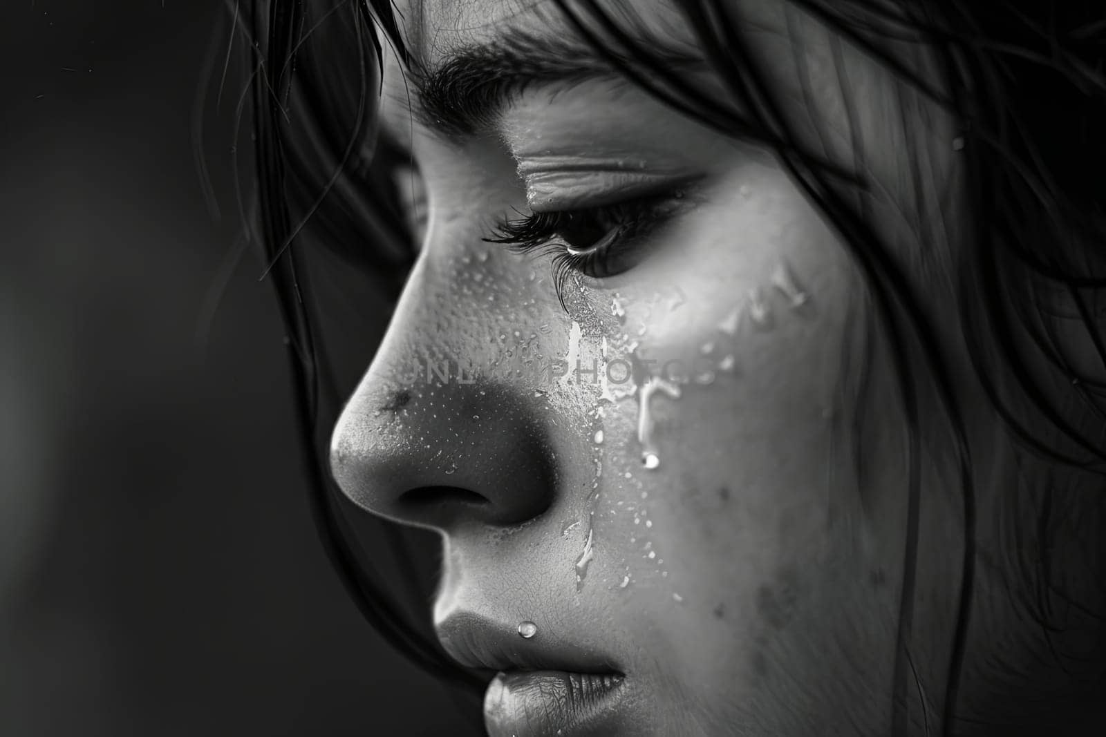A close-up view of a person with water droplets on their face, possibly from swimming, washing their face, or being caught in the rain. The individuals features are highlighted by the water beading on their skin.