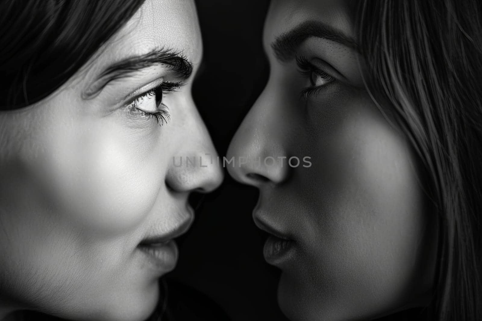 In this black and white image, two women are standing facing each other, their expressions conveying a sense of determination. They appear engaged in a serious conversation or debate, with body language emphasizing their focus and intensity.