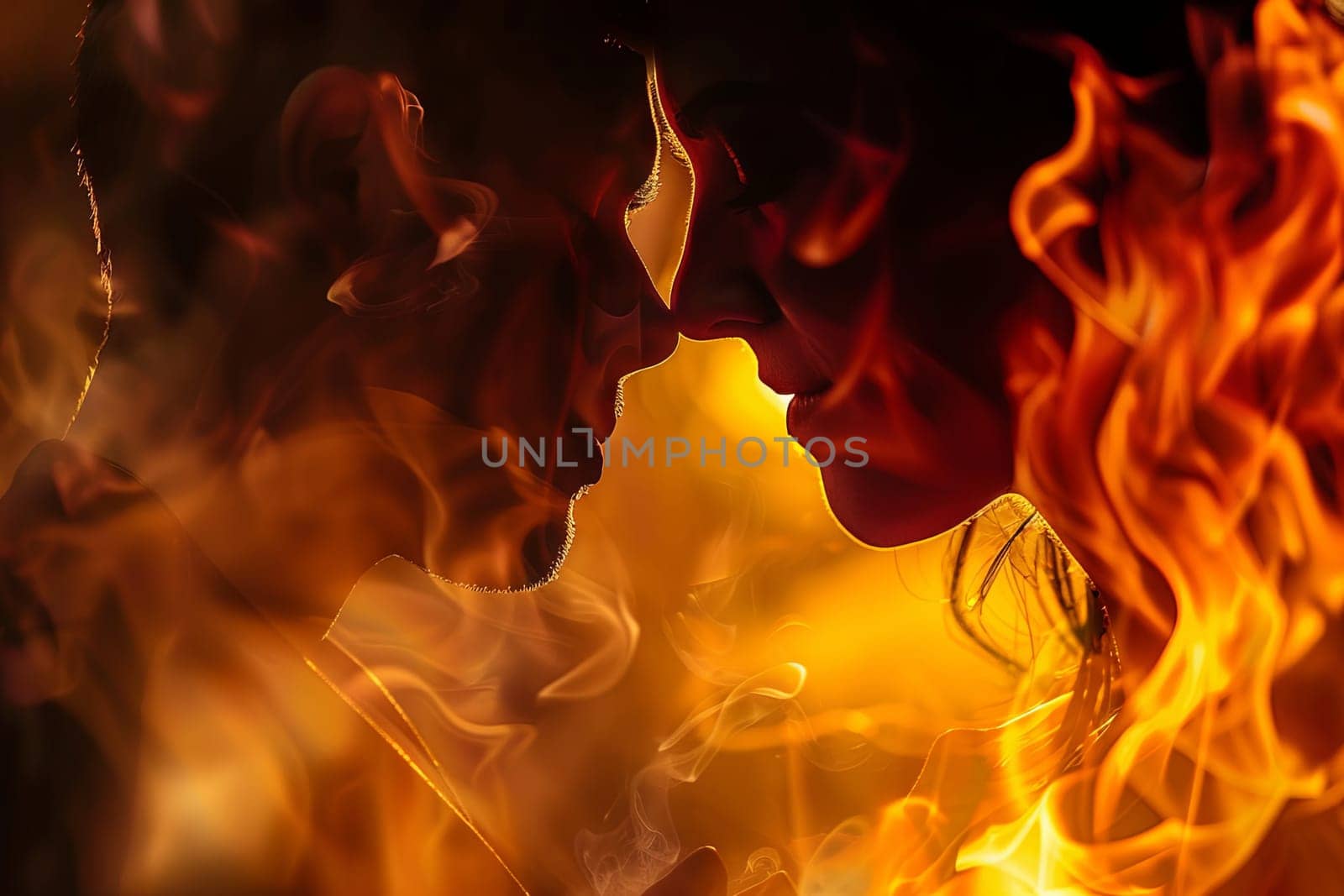 A close-up view of a man and woman sharing a romantic moment as they kiss in front of a crackling fire. The warm glow illuminates their faces, highlighting their loving embrace.
