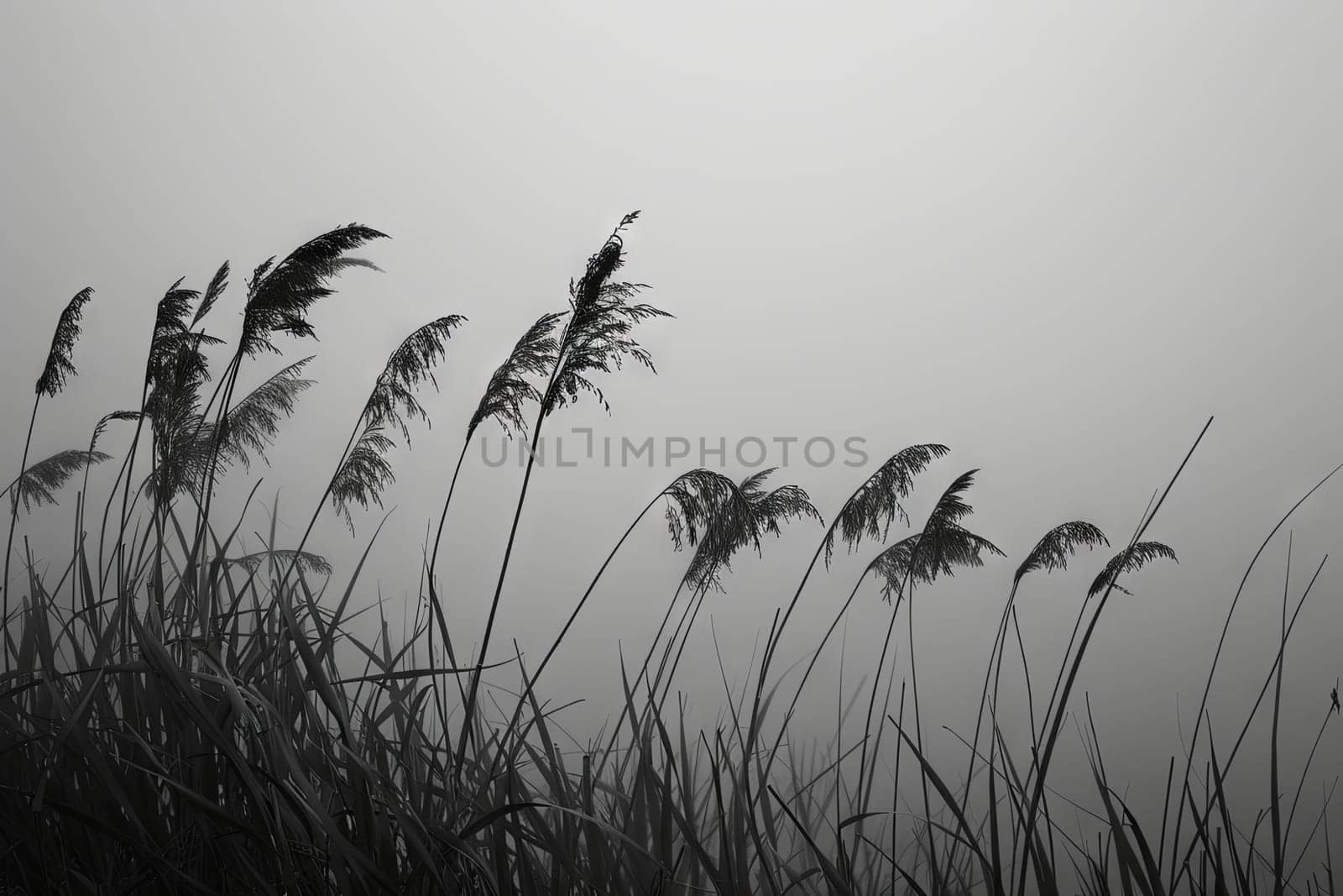 Sea oats sway gently in the fog, their slender blades capturing the essence of a misty day at the beach. The black and white tones evoke a sense of tranquility and mystery.