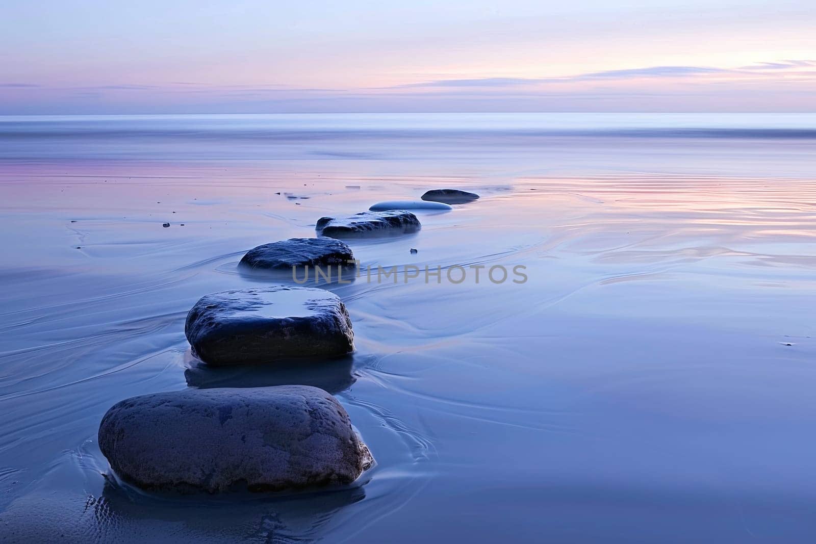 A linear arrangement of rocks perched on the sandy shore of a beach, creating a structured pattern against the soft, golden sand. The rocks vary in size and shape, appearing stable and unmoved by the tides.