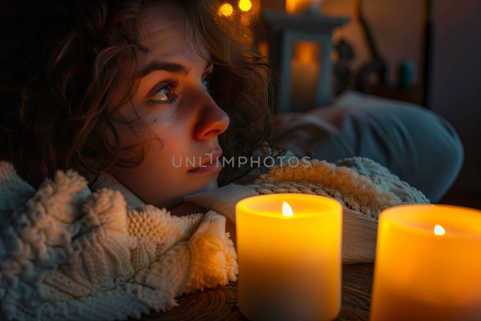 A woman is seen reclining next to two flickering candles, creating a warm and intimate ambiance. The soft glow illuminates her serene expression as she enjoys a moment of relaxation and contemplation.