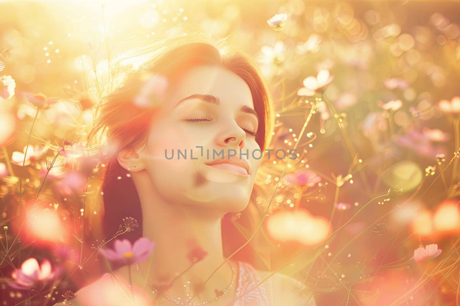 A woman standing in a field of colorful flowers with her eyes closed. She appears peaceful, connecting with nature around her. The vibrant blooms create a beautiful backdrop for her moment of serenity.