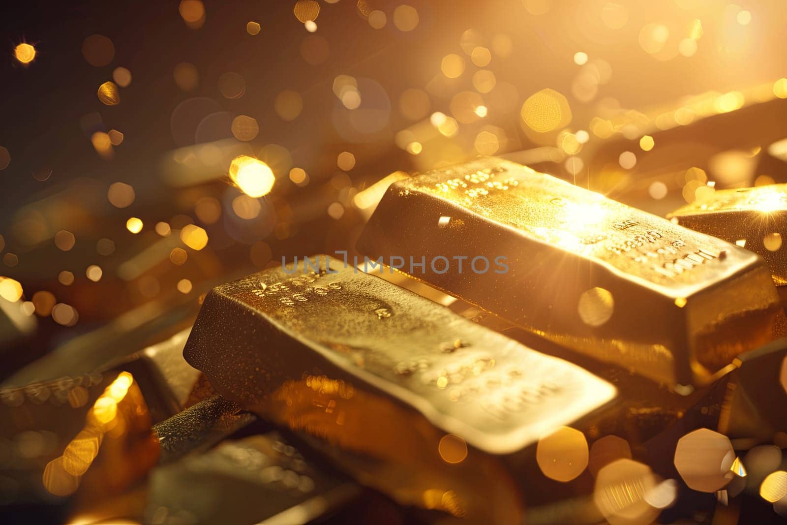 A stack of shining gold bars neatly arranged on top of a wooden table, reflecting light and emphasizing their weight and value.