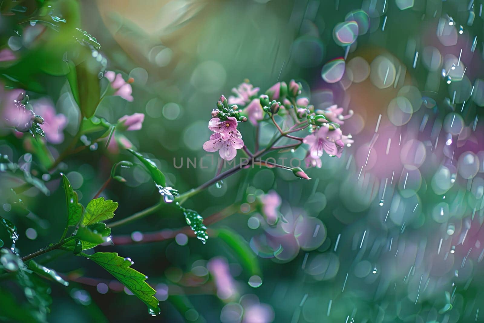 A close-up view of a pink flower covered in raindrops, glistening under the sunlight. The delicate petals hold droplets of water, enhancing the flowers beauty and freshness.